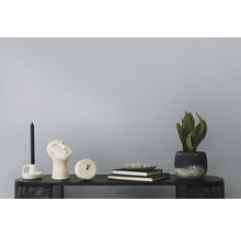 Dekorationselemente auf einem Regal, darunter eine Kerze, eine Büste, eine Uhr, Bücher, eine Schale und eine Zimmerpflanze.