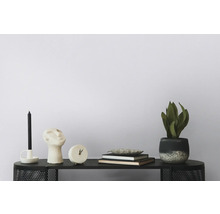 Dekorative Gegenstände auf einem Tisch: Kerze, Kopfskulptur, Uhr, Bücher und Topfpflanze.