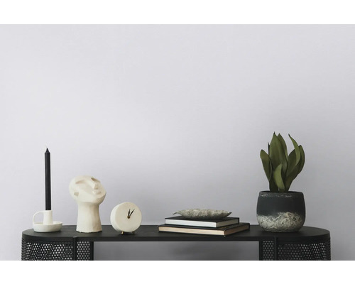 Dekorative Gegenstände auf einem Tisch: Kerze, Kopfskulptur, Uhr, Bücher und Topfpflanze.