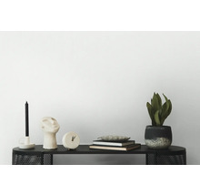 Dekorative Szene auf einem schwarzen Tisch mit Kerze, Skulptur, Uhr, Büchern und einer Zimmerpflanze