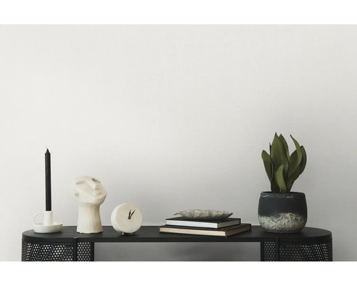 Dekoratives Arrangement mit Kerze, Skulptur, Uhr, Büchern und Topfpflanze auf einem schwarzen Regal