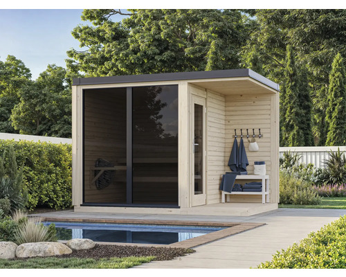 Chalet sauna Palmako Sarah sans poêle et porte entièrement vitrée couleur graphite