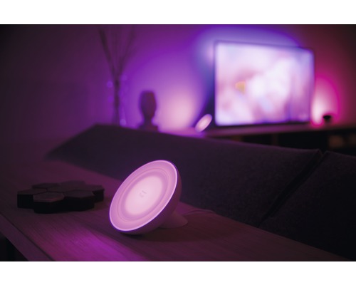 Scène de salon avec lampe de table, canapé et télévision