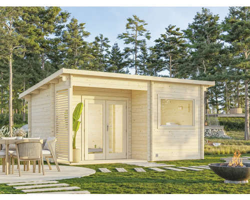 Chalet sauna Palmako Sanna 3 sans poêle et porte entièrement vitrée en verre transparent