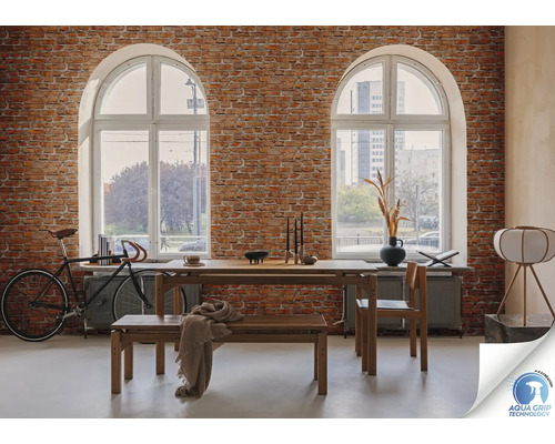 Pièce à vivre avec mur en briques, ensemble table à manger, vélo et deux fenêtres cintrées