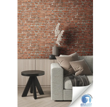 Salon décoratif avec mur de briques, canapé, table et décoration