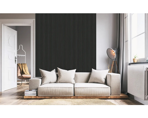 Salon avec canapé, coussins décoratifs et panneaux muraux