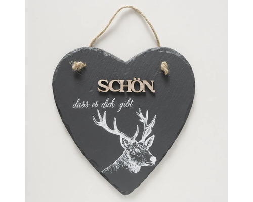 Herzförmiges Schieferschild mit Hirschmotiv und dem Schriftzug Schön, dass es dich gibt