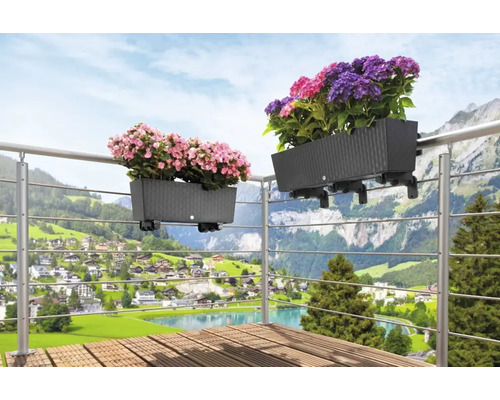 Scène de balcon avec deux jardinières fleuries suspendues à une balustrade