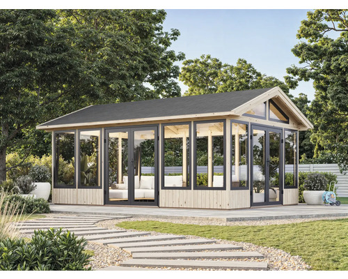 Pavillon de jardin avec façade en verre et toit noir dans un jardin