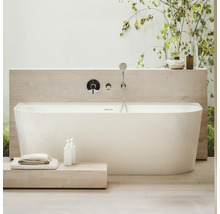 Baignoire îlot avec robinetterie et douchette à main dans une salle de bain lumineuse.