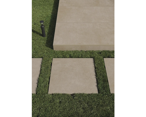 Scène de jardin avec dalles de terrasse en pierre sur gazon