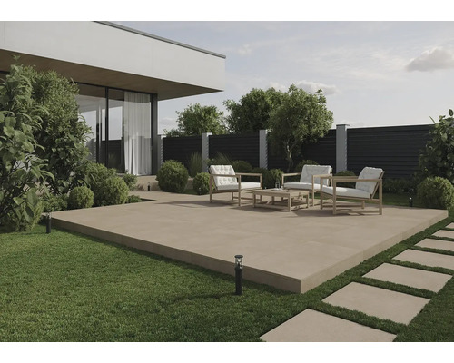 Terrasse avec mobilier de jardin et dalles de jardin carrées