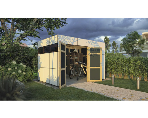 Scène de jardin avec abri de jardin ouvert, vélos et étagère