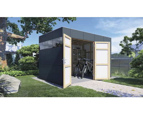 Abri de jardin avec portes ouvertes, vélos et étagères à l''intérieur