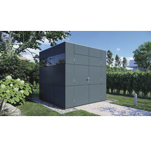 Abri de jardin moderne en métal avec fenêtre dans le jardin.