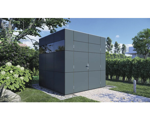 Abri de jardin moderne en métal avec fenêtre dans le jardin.