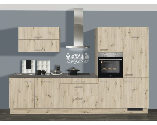 PICCANTE CITY Cuisine complète avec appareils 330 cm couleur de façade chêne clair - couleur de la poignée acier inoxydable PICCANTE CITY Cuisine complète avec appareils 330 cm couleur de façade chêne clair - couleur de la poignée acier inoxydable