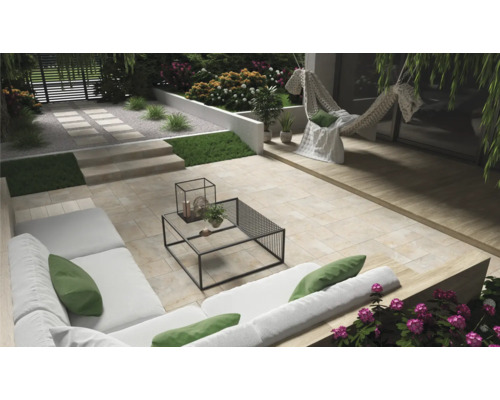 Terrasse avec coin salon, hamac et pavés