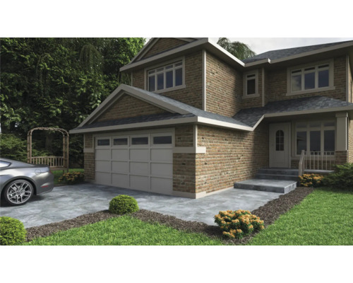 Aussenansicht eines zweistöckigen Hauses mit Garage, Steintreppe und gepflegtem Rasen