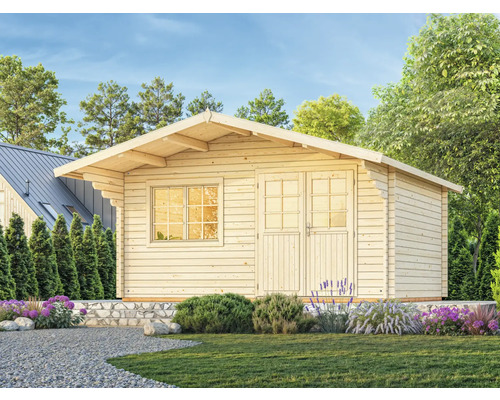 Holzgartenhaus mit Fenster und Doppeltür im Garten.