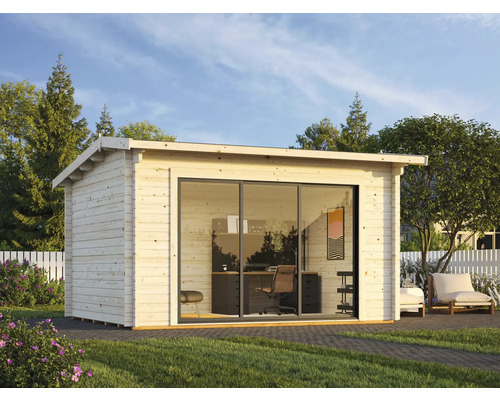 Abri de jardin en bois avec portes coulissantes et mobilier de bureau dans le jardin