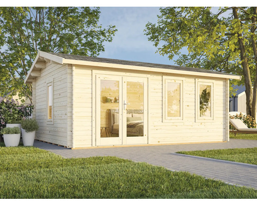 Holzgartenhaus mit Fenstern und Doppeltür im Garten