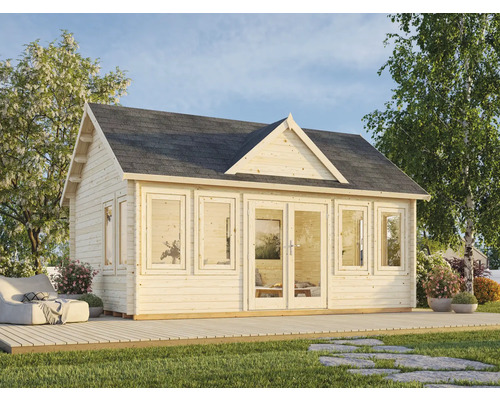 Maison de jardin en bois avec toit à pignon, fenêtres et porte double sur une terrasse