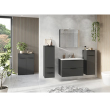 Badezimmer mit Waschbeckenunterschrank, Spiegelschrank und Hochschränken