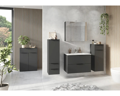 Salle de bains avec meuble sous-lavabo, armoire de toilette et armoires hautes