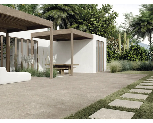 Extérieur avec dalles de terrasse, pergola et aménagement paysager