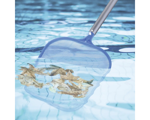 Poolkescher mit Laub im Schwimmbecken