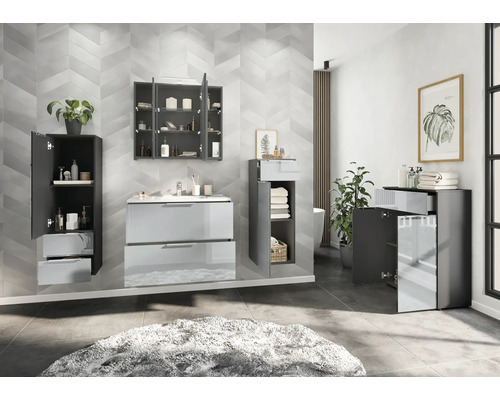 Salle de bains avec meuble-lavabo, armoire de toilette, armoire haute et tapis