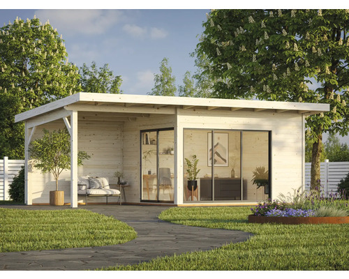 Abri de jardin avec terrasse, portes coulissantes et aménagement dans le jardin