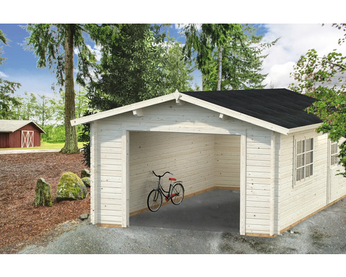 Garage en bois avec vélo, murs en bois et toit noir
