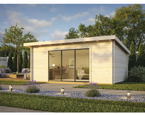 Abri de jardin moderne avec porte coulissante et jardin environnant