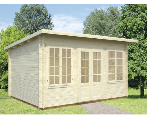 Abri de jardin en bois avec fenêtres et porte double