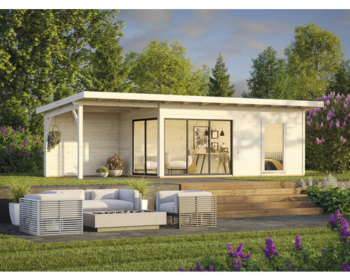 Maison de jardin moderne en bois avec terrasse et mobilier de jardin