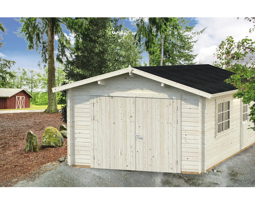 Abri de jardin en bois avec double porte et fenêtres dans le jardin