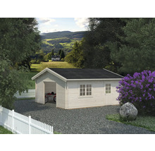 Holzgarage mit Motorrad, Fenster und Tür im Garten