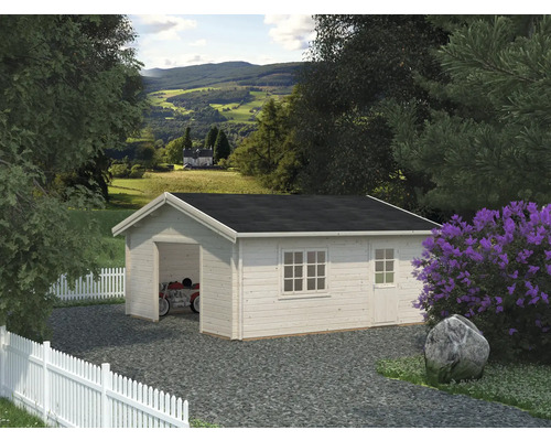 Gartenhaus mit Garage und Motorrad im Grünen