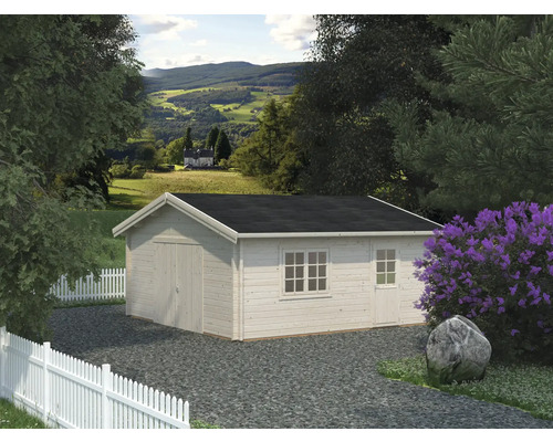 Gartenhaus mit Garage, Fenster und Tür in ländlicher Umgebung