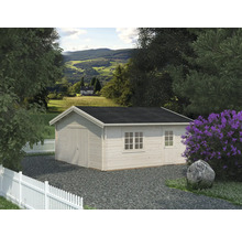 Abri de jardin avec garage, fenêtres et porte sur une propriété