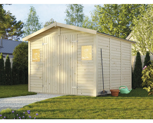 Abri de jardin en bois avec fenêtres et toit à deux pans dans le jardin.