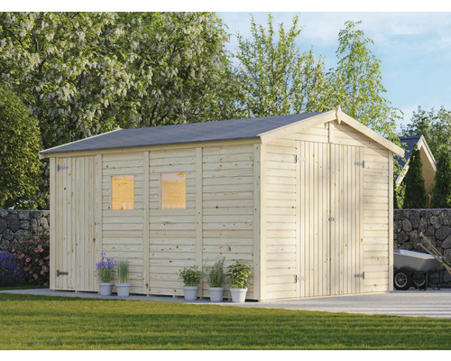 Abri de jardin en bois avec double porte et fenêtres dans le jardin