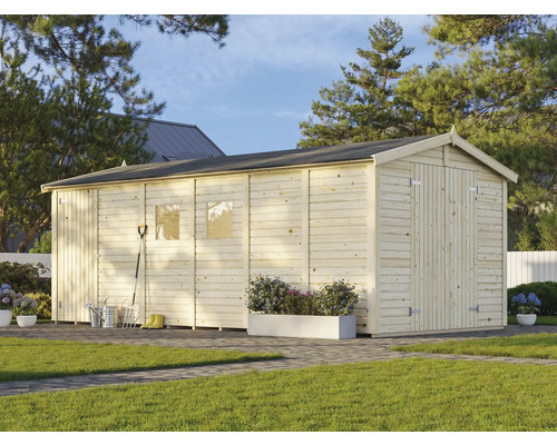 Abri de jardin en bois avec double porte et fenêtres dans le jardin