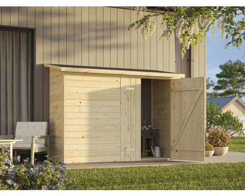 Abri de jardin avec porte ouverte et accessoires de jardin