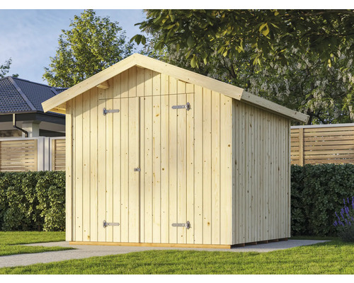 Holzgartenhaus mit Satteldach und Tür