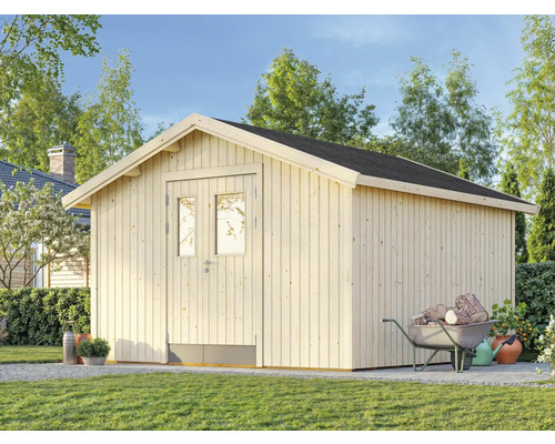 Abri de jardin en bois avec double porte et toit à deux pentes dans le jardin