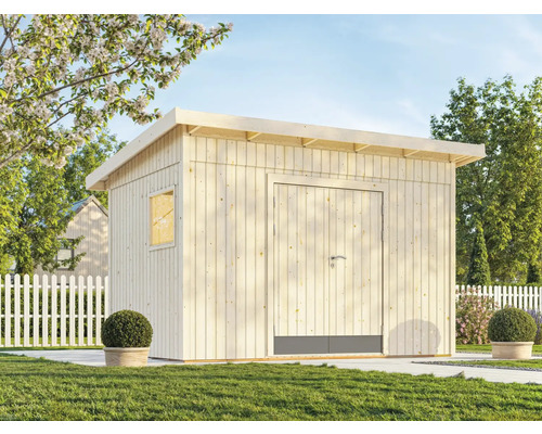 Abri de jardin en bois avec porte et fenêtre dans le jardin
